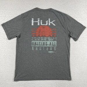 Huk Shirt Mens Medium Gray Fishing Angler Fish Boating Made In USA Casual‎ Tee